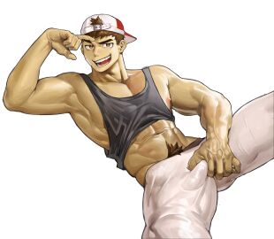 1boy abs armpits art_uza backwards_baseball_cap bandaid bandaid_on_face bara baseball_cap beom_liben brown_hair bulge bulge_grab cocky erection_under_clothes gay gay_male legs_apart looking_at_viewer lying lying_on_back male male_only muscular muscular_arms muscular_male nipples open_mouth open_mouth_smile pants pecs penis pubic_hair smile smiling_at_viewer smirk smirking_at_viewer smug solo solo_male tank_top uza_(hellme) white_background yaoi