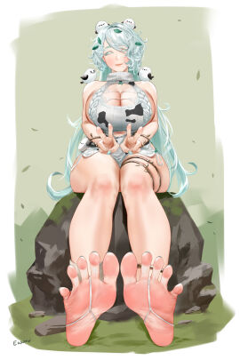 1girls artist_name bare_shoulders bare_thighs barefoot bird blue_hair blue_nail_polish blue_nails blue_toenail_polish blue_toenails breasts closed_eyes easonx feet female female_only foot_fetish foot_focus goddess_of_victory:_nikke large_breasts long_hair sitting soles toes trina_(nikke)