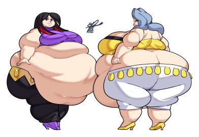 2girls artist_request belly belly_fat belly_fetish belly_focus belly_overhang big_belly exposed_fat_belly fat fat_belly fat_female fat_fetish fat_thighs female female_focus female_only flabby_arms flabby_ass flabby_belly flabby_legs karen_(pokemon) morbidly_obese_female obese overweight_female pike_queen_lucy pokemon