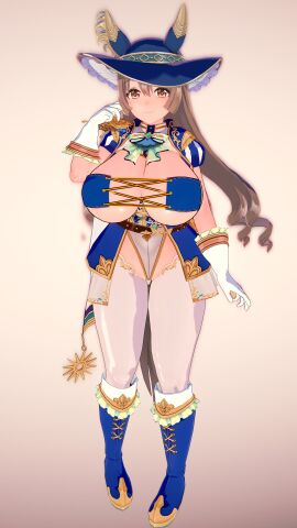 1girls 3d alternate_costume animal_humanoid big_breasts blush boots bra breasts brown_eyes brown_hair busty cleavage clothing_cutout female female_only footwear gloves hat horse_ears horse_girl huge_breasts leotard long_hair looking_at_viewer official_alternate_costume satono_diamond_(chevalier_bleu)_(umamusume) satono_diamond_(umamusume) smile solo standing thick_thighs thighhighs umamusume umamusume_pretty_derby vermelho_(artist) very_long_hair wide_hips