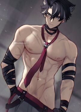 abs black_hair genshin_impact looking_at_viewer male male_focus male_only masculine muscular pecs pectorals pierced_nipples piercing solo solo_focus solo_male wriothesley_(genshin_impact)