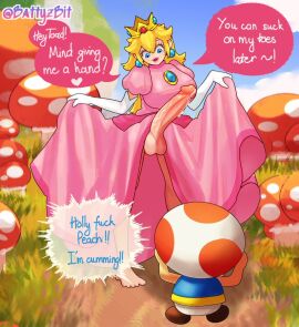 1boy 1futa 1girls artist_signature balls barefoot battyzbit big_breasts blonde_hair blue_eyes breasts crown cum dress dress_lift female futa_focus futanari gloves heart intersex lipstick looking_down_at_another male mario_(series) mushroom mushroom_humanoid nintendo penis pink_dress pink_text_box precum precum_drip princess_peach super_mario_bros. testicles text text_box toad_(mario) vest