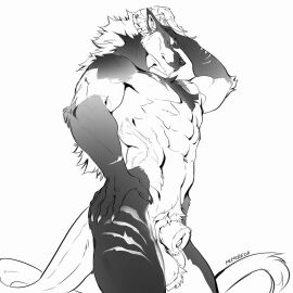 2025 5_fingers abs animal_genitalia anthro balls biped digital_drawing_(artwork) digital_media_(artwork) dragon fingers fur genitals hair horn looking_at_viewer male momobeda mythological_creature mythological_scalie mythology nude nude_anthro nude_male scalie sheath solo standing tail