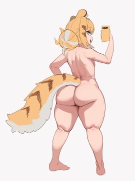 1girls animal_ears ass back_view big_ass blonde_hair eyebrows_visible_through_hair female female_only green_eyes gya_rb ju_fufu light-skinned_female light_skin naughty_face nude phone selfie shortstack smile solo tail thick_ass thick_thighs tied_hair tiger_ears tiger_girl tiger_tail zenless_zone_zero