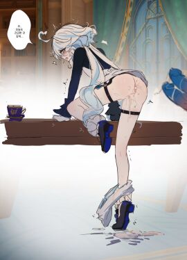 1boy 1girls after_sex ahoge ass bent_over_table blue_penis blush blush_lines bodily_fluids bottomless_female clothed_sex cum cum_drip cum_dripping_from_ass cum_dripping_out_of_pussy cum_in_ass cum_in_pussy cum_inside cum_on_floor cum_overflow diphallia diphallism female frilled_sleeves frilled_socks furina_(genshin_impact) genshin_impact heart_ahoge hiji_(hijichan) indoors korean_text light_blue_hair long_sleeves looking_back looking_pleasured male multi_genitalia multi_penis multicolored_hair neuvillette_(genshin_impact) open_mouth out_of_frame penis petite pussy shoes_only speech_bubble streaked_hair thigh_strap tremble_spikes two-tone_hair unusual_anatomy unusual_genitalia unusual_penis white_hair