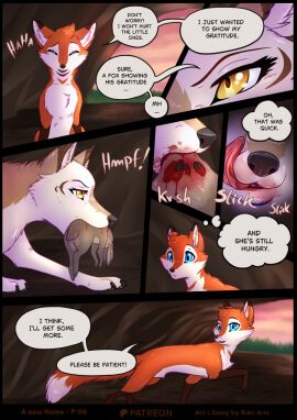 ambiguous_gender animal_genitalia blue_eyes bodily_fluids canid canine canis cave comic crotch_tuft death dialogue eating english_text female feral fox fully_sheathed fur genitals grey_body grey_fur hi_res lagomorph leporid male mammal orange_body orange_fur rabbit riu_(rukifox) rukifox sheath size_difference text tuft wolf yellow_eyes