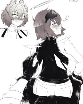 1futa 1girls annierosaart arknights artist_name artist_website ass ass_against_crotch ass_focus back_view big_ass blush blush_lines blushing_at_viewer bulge butt_focus exusiai_(arknights) female female/futa fiammetta_(arknights) futanari glove grinding grinding_through_clothes halo heart intersex jeans looking_at_viewer looking_back no_color pov shades shades_above_head shaking_hand short_hair sitting sitting_on_lap smiling smiling_at_viewer tank_top tie