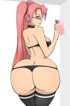 1girls ass ass_focus big_ass big_breasts breasts brown_eyes choker female glasses highres highschool_of_the_dead holding_phone huge_ass huge_breasts large_breasts long_hair phone pink_hair saya_takagi solo solo_female tagme thick_thighs thighhighs thong tight_clothes twintails wide_hips zonen404