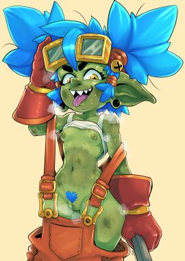 2024 absurd_res areola blue_hair bodily_fluids breasts clothed clothing dirty dirty_body ear_piercing eyewear eyewear_on_head female gauged_ear genitals gloves goblin goblin_female goggles goggles_on_head green_body green_skin hair hairy hairy_pussy handwear hi_res holding_object humanoid humanoid_pointy_ears mechanic medium_breasts messy_hair navel nerdbayne nipple_piercing nipples notched_ear open_mouth open_smile overalls piercing pointy_nose pubes purple_hair pussy raised_clothing raised_shirt raised_tank_top raised_topwear sharp_teeth shirt signature simple_background smile solo soot steam steaming_body sweat tan_background tank_top tank_top_lift tanktop tanned tanned_female teeth thick_eyebrows tied_hair tongue tongue_out topwear twintails yellow_eyes