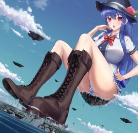 1girls blue_hair boots breasts city destruction female floating_island giantess hat huge_breasts kk528956 long_hair macro panties pantyshot red_eyes sitting striped_panties tenshi_hinanawi touhou