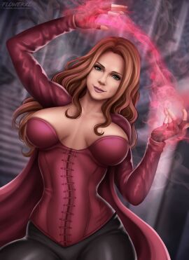 1girls 2024 2d 2d_(artwork) arms_raised arms_up artist_logo avengers black_pants breasts breasts_apart brown_hair cape caucasian caucasian_female cleavage clothed clothed_female corset energy female female_only fingerless_gloves fit fit_female flowerxl front_view fully_clothed green_eyes heroine huge_breasts human human_female human_only light-skinned_female light_skin long_hair looking_at_viewer magic marvel marvel_cinematic_universe marvel_comics mutant mutant_(marvel) no_sex not_ai_generated pants pink_lipstick powers questionable red_cape red_eyes scarlet_witch sfw smile smiling_at_viewer solo solo_female standing superheroine url wanda_maximoff wide_hips x-men
