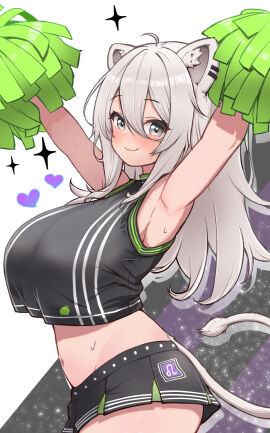 adapted_costume ahoge animal_ears armpits arms_up black_skirt blush breasts cheerleader commentary cowboy_shot female from_side grey_eyes grey_hair hair_between_eyes highres hololive hololive_gen_5 hololive_japan kani_bonara large_breasts leo_(symbol) lion_ears lion_girl lion_tail long_hair looking_at_viewer microskirt midriff pleated_skirt pom_pom_(cheerleading) shishiro_botan shishiro_botan_(1st_costume) skirt smile solo symbol-only_commentary tail virtual_youtuber white_background