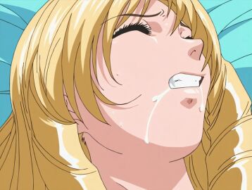 00s 1girls 2001 animated anime_screenshot bed bed_sheet bible_black bible_black_night_of_the_walpulgiss blonde_hair closed_eyes drill_hair drill_sidelocks drooling female implied_sex lying saliva sex shaking_head shiraki_rika sidelocks sweat tagme