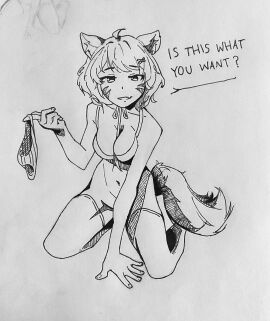 1girls ahoge animal_ears bikini black_and_white blonde_hair blush breasts cat_ears cat_girl cat_tail catgirl cleavage eyebrows_visible_through_hair face_markings female female_only greyscale hair_ornament hairclip holding holding_clothes holding_panties holding_underwear large_breasts looking_at_viewer medium_breasts monochrome navel open_mouth panties panties_removed short_hair smile solo squchan_(vtuber) striped swimsuit tail thighhighs traditional_media underwear virtual_youtuber vyugen