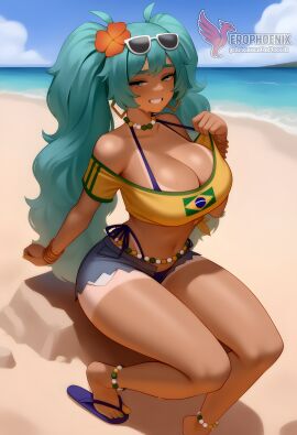 1girls 2d ai_generated aqua_hair ass barefoot big_ass big_breasts bikini bracelet brazilian_miku breasts dark-skinned_female earrings erophoenix eyewear_on_head feet full_body grin hair_flower hair_ornament hatsune_miku huge_breasts jewelry kneeling long_hair looking_at_viewer looking_back nail_polish patreon_username shorts smile soles solo solo_female sunglasses swimsuit tan tellow_shirt thick thick_thighs toes uncensored vocaloid