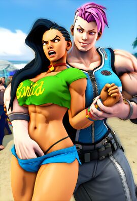 2girls 3d ai_generated angry asymmetrical_hair beach bearhug blue_shorts breasts capcom clothed_sex cornrows crop_top dark_skinned_female dreadlocks fingering from_behind green_shirt groping interracial laura_matsuda light-skinned_female muscular muscular_female overwatch pink_hair reach_around shorts smiling street_fighter wrestling zarya