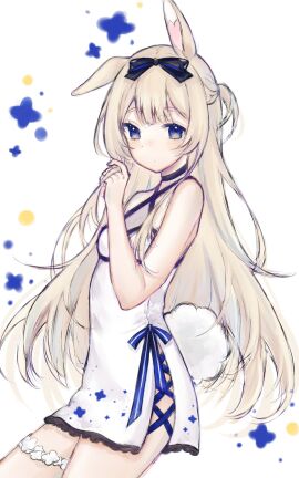 1girls animal_ears bangs bare_arms bare_shoulders blonde_hair blue_bow blue_eyes blue_ribbon blush bow braid bunny_ears bunny_girl bunny_tail closed_mouth cowboy_shot diagonal_stripes dress eyebrows_visible_through_hair female from_side hair_between_eyes hair_bow hair_ribbon hands_up leg_garter long_hair looking_at_viewer looking_to_the_side ribbon sleeveless sleeveless_dress solo standing star_(symbol) striped striped_background striped_bow tail thigh_strap vertical_stripes very_long_hair virtual_youtuber vyugen white_background white_dress yenko
