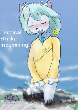 alien antennae_(anatomy) anthro blue_hair blush bodily_fluids city city_destruction closed_eyes cum ejaculation genital_fluids hair landscape_dwarfing macro male masturbation solo tail teruni-inamor text virelli wassa_panotto_inamor