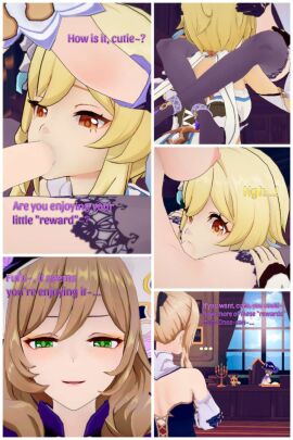 1futa 2girls 3d blowjob caught chrisv09 daytime deepthroat dialogue english_text female female_only futa_on_female futanari genshin_impact green_eyes intersex jean_gunnhildr lisa_(genshin_impact) lumine_(genshin_impact) purple_hair self_upload smile text yellow_hair