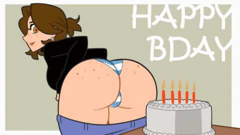 alternate_version_available animated birthday birthday_cake blowing_out_candles brown_hair bubble_butt cake fart farting farting_on_food fat_ass female gif gongaga grunting huge_ass looking_back oddtenn panties pants_down reese_(oddtenn)