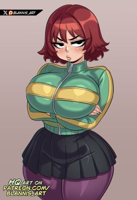 blannis_art crossed_arms fair_skin female female_only freckles fully_clothed huge_breasts jacket kim_pine red_hair scott_pilgrim short_hair short_skirt skirt thick_thighs tights