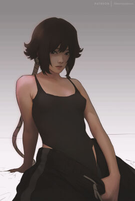 1girls black_eyes black_hair bleach bleach:_the_thousand-year_blood_war bodysuit breasts censored clothed female female_focus female_only gradient_background grey_background meemo.psd ninja patreon shinigami simple_background small_breasts smaller_female soifon sui-feng thick_thighs undress_character undressing