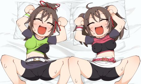 2girls bed bed_sheet bike_shorts black_shorts black_skirt bra breasts brown_hair cameltoe caramelldansen closed_eyes dancing female green_shirt hair_ribbon light-skinned_female light_skin long_hair mako_(caramell)_(katia) medium_breasts miko_(caramell)_(malin) mv_character nazunobasho open_mouth pillow pussy red_belt red_ribbon red_shirt ribbon shirt short_sleeves shorts skirt sports_bra sweat twintails white_belt white_skirt