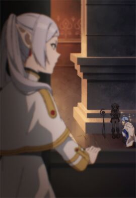 1boy 2girls against_railing blue_hair blurry blurry_foreground capelet cloak clone clothes_lift commentary dangle_earrings dress dress_lift dungeon earrings elf english_commentary expressionless female frieren gold_trim green_eyes highres himmel_(sousou_no_frieren) indoors jamesmikopi jewelry lifted_by_self long_sleeves looking_at_another mage_staff male male_human/female_elf multiple_females multiple_girls no_panties on_one_knee pillar pointy_ears profile railing short_hair sleeve_cuffs sousou_no_frieren sparkle spiegel_replica staff time_travel twintails white_capelet white_cloak white_dress white_hair