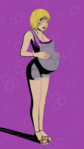 1girls blonde_female blonde_hair blonde_woman blue_eyes bracelet casual clothed clothing cobaltscribbler crop_top female female_only fingernail_polish fingernails gwen_stacy gwen_stacy_(classic) jewelry lipstick marvel marvel_comics milf nail_polish necklace overalls preg pregnancy pregnant pregnant_belly pregnant_female pregnant_woman purple_clothing purple_nails purple_outfit purple_toenails ring sandals short_hair shorts smiling solo spider-man_(series) toenail_polish toes ultimate_spider-man wedding_ring wholesome