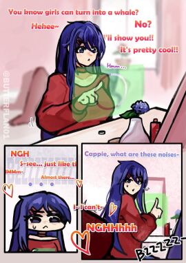 bedroom blue_eyes blue_hair butterflan01 cappie_(miside) dialogue kind_mita_(miside) miside red_shirt text
