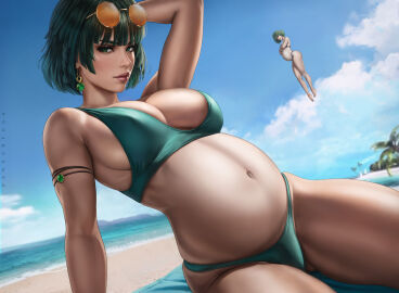 2girls absurd_res absurdres areola areolae arm_support athletic athletic_female bangs bare_arms bare_breasts bare_chest bare_shoulders bare_skin bare_thighs beach beach_towel belly big_belly big_breasts bikini bikini_bottom bikini_top blush bra breasts busty child_bearing_hips dandon_fuga female female_focus female_only fubuki_(one-punch_man) green_bra green_clothes green_clothing green_eyes green_hair green_panties green_underwear high_resolution highres hips huge_belly huge_breasts large_belly large_breasts light-skinned_female light_skin navel nipples ocean on_ground one-punch_man panties pregnancy pregnant pregnant_belly pregnant_female red_lips red_lipstick round_belly sand sea seaside short_hair sisters sitting sitting_down sitting_on_ground slim_female slim_waist solo solo_female solo_focus summer tatsumaki thick_thighs thighs toned toned_body toned_female tropical underwear water