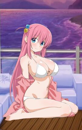 1girls bare_shoulders big_breasts bikini blue_eyes blush bocchi_the_rock! breasts busty chikuishi cleavage collarbone cube_hair_ornament female female_only gotou_hitori hair_between_eyes hair_ornament highres jacket large_breasts light_smile long_hair long_sleeves looking_at_viewer navel off_shoulder one_side_up pink_hair pink_jacket sensual sitting smile solo swimsuit thighs track_jacket voluptuous wariza white_background white_bikini