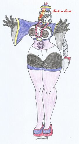 1girls anthro big_breasts big_hips black_fur braided_hair breasts brown_nipples brown_nose chinese_mythology earrings evil_smile exposed_breasts exposed_pussy exposed_torso female female_only furry gold_eyes halloween halloween_costume haruna_kisuki_(waifuland) high_heels jiangshi jiangshi_costume looking_at_viewer marlon64 monster_girl mythology no_pants open_shirt panda_girl panda_humanoid public_domain pussy silver_hair solo_female stockings traditional_drawing_(artwork) vampire waifuland white_background white_body white_fur