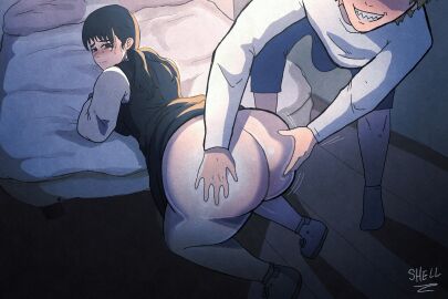 1boy 1girls 2d animated ass black_hair blonde_hair booty bulge bulge_through_clothing butt chainsaw_man clothed clothing dat_ass denji_(chainsaw_man) female fully_clothed gif hi_res highres hips huge_ass huge_butt light-skinned_female light-skinned_male light_skin male mitaka_asa no_panties sharp_teeth smile smiling theodyss thick_thighs thighs wide_hips