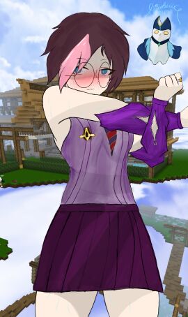 bird blockman_go blue eyes female glasses necktie pink_shirt purple_hair purple_skirt ring skirt sweating tomboy very_short_hair
