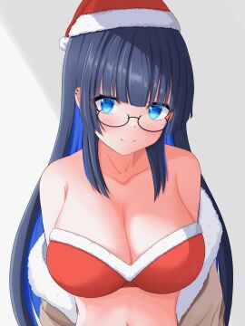 big_breasts blue_hair breasts christmas female glasses hololive hololive_english hololive_english_-council- hololive_english_-promise- huge_breasts looking_at_viewer ouro_kronii virtual_youtuber
