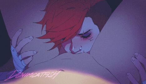 animated arcane arcane_caitlyn arcane_vi arm_bandages bandages blush caitlyn_kiramman cunnilingus denimcatfish eyebrow_scar eyes_closed eyeshadow face_tattoo female league_of_legends nose_ring purple_eyeshadow red_hair riot_games scar scar_on_face short_hair tattoo thigh_grab undercut vi yuri