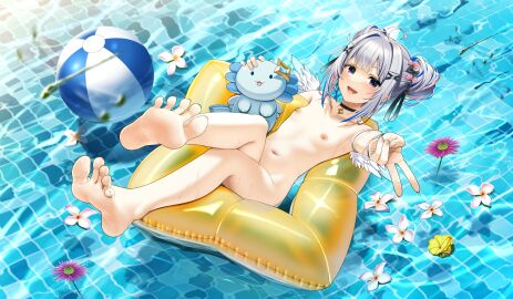 amane_kanata blue_hair blush breasts casino_(casinoep) feet female floaty holoforce hololive hololive_japan naked peace_sign purple_eyes silver_hair small_breasts smiling_at_viewer soles swimming_pool toes virtual_youtuber water wings