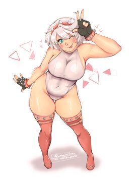 1girls aqua_eyes blue_eyes breasts covered_navel elphelt_valentine female fingerless_gloves gloves guilty_gear guilty_gear_strive large_breasts leotard one_eye_closed plump short_hair solo thick_thighs thighhighs thighs tongue tongue_out uuuuultea v white_hair white_leotard wide_hips
