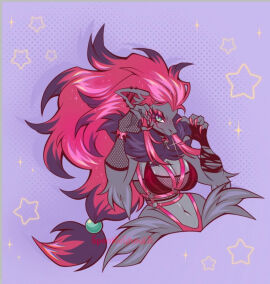 1girls breasts choker claws ear_piercing fishnet_armwear fishnet_topwear grey_fur nose_piercing painted_claws piercing pluh spookieghoulie tagme