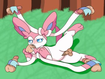 background balls balls_grab ballsack blowjob blush disembodied_penis eeveelution eeveelution_squad fellatio female forest_background human human_on_feral male nintendo penis penis_in_mouth penis_in_pussy pokemon pokephilia pussy silvia_(eeveelution_squad) sylveon vaginal_penetration