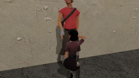 1girls 3d against_wall biting_lip blowjob female glasses miss_pauling on_knees scout_(team_fortress_2) team_fortress_2