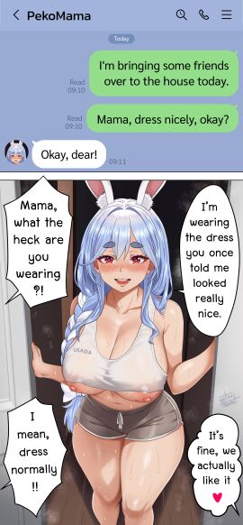 1girls blue_hair braid braided_ponytail breasts bunny_ears curvy embarrassed english_text female heart hololive instant_loss_2koma large_breasts mature_female milf mommy mommy_kink mother nipples pekomama phone shorts tank_top text_message thick_thighs virtual_youtuber