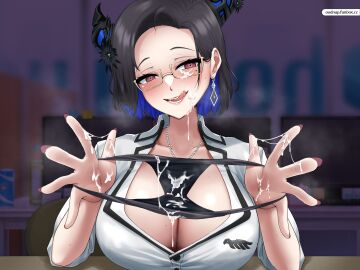 absurdres black_hair blue_hair breasts cleavage cum cum_on_body cum_on_clothes demon_horns desk earrings facial female highres holding holding_panties holding_underwear holding_unworn_clothes hololive hololive_english horns indoors jewelry large_breasts looking_at_viewer mole mole_under_eye multicolored_hair necklace nerissa_ravencroft nerissa_ravencroft_(casual) office official_alternate_costume official_alternate_hair_length official_alternate_hairstyle oodnap panties red_eyes red_nails short_hair solo two-tone_hair underwear virtual_youtuber