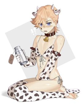 1boy 2d 2d_(artwork) annoyed bana_gameg bikini blonde_hair blush bottle boy cow_print cow_print_bikini cow_print_gloves cow_print_legwear embarrassed feet femboy genshin_impact gloves hiding_erection long_gloves lyney_(genshin_impact) male male_only milk on_knees purple_eyes shiny_skin soft_skin soft_thighs solo thighhighs toeless_legwear twink