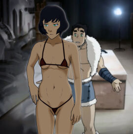 1boy 1girls anaxus annoyed avatar_legends bikini bob_cut bolin canon_couple dark-skinned_female dark_skin female female_focus film_set green_eyes hand_on_hip labia labia_majora light-skinned_male light_skin making_porn male nervous nuktuk opal_bei_fong porn_shoot pussy pussy_wedgie revealing_clothes revealing_swimsuit shaved_pussy standing swimsuit the_legend_of_korra unsure useless_clothing