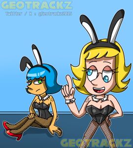 2girls animal_ears bangs bare_shoulders black_leotard blonde_hair blue_eyes blue_hair breasts brianne bunny_ears bunnysuit cleavage clothing dark-skinned_female dark_skin detached_collar fake_animal_ears female fishnet_legwear fishnets flipped_hair furry glasses green_eyes hand_on_hip high_heels index_finger_raised large_breasts leotard leslie medium_breasts multiple_females multiple_girls open_mouth pantyhose playboy_bunny red_footwear shoes short_hair shoulder_tattoo sitting smile strapless strapless_leotard tail tattoo wacky_lesbian_hour wrist_cuffs
