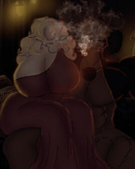 1boy black_eyes boy breasts breasts_bigger_than_head breasts_bigger_than_torso cigar_in_mouth cigarette cigarette_in_mouth cigarette_smoke clothing colored couple couple_(romantic) couple_love demon demon_boy demon_male dominant dominant_male drunk elf elf_ears elf_female elf_girl fancy_clothing female grey_skin guava_(l3wdpanda) horns l3wdpanda light long_dress male male/female one_female one_shoulder_top original_character sitting sitting_on_another sitting_on_bed sitting_on_lap sitting_on_person sketch sketch_page submissive submissive_female thick thick_legs thick_thighs thighs white_skin