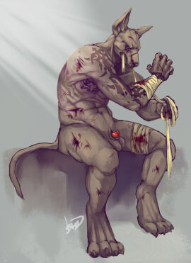 2013 abs animal_genitalia anthro arm_tattoo balls bandage bandage_in_mouth biped black_claws bodily_fluids boulevard canid canine canis chest_tattoo claws clenched_teeth digitigrade full-length_portrait fur genitals grey_body grey_fur jackal korath light lighting male mammal muscular muscular_anthro muscular_male navel nude nude_anthro nude_male pain penis penis_tip pink_penis portrait purple_eyes serratus sheath signature sitting solo tail tattoo teeth thin_tail three-quarter_portrait toe_claws wounded