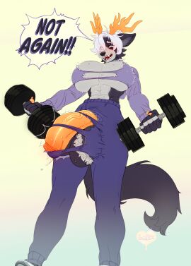 abs anthro antlers black_body black_fur breast_expansion breast_growth breast_growth_(enlargement) breasts canid canine canis clothing deer exercise expansion fur futanari genitals gold_skin hi_res horn hybrid intersex james_house_(embersnek) lotix mammal penis solo translucent vein veiny_penis wardrobe_malfunction white_body white_fur wolf